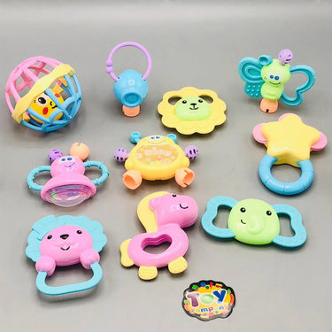10Pcs Premium Baby Animal Rattles & Teether Set - Pink